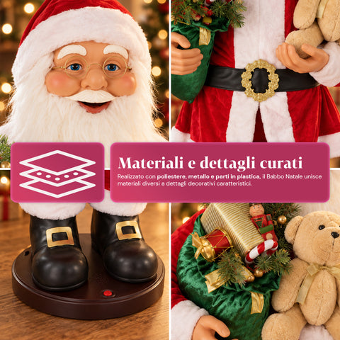 Dansende kerstman van 150 cm met muziek, zang en beweging - Kerstdecoratie voor binnen met knop, voet van 38 cm, rood