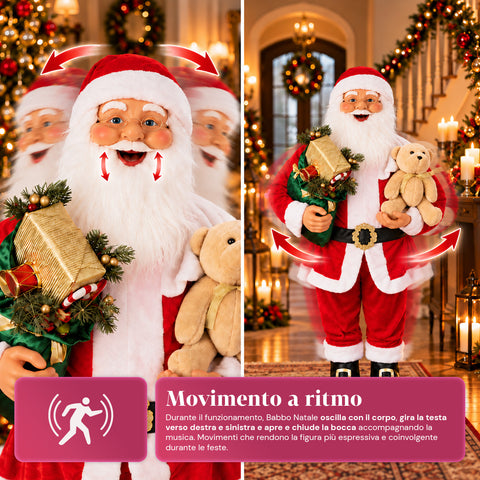 Dansende kerstman van 150 cm met muziek, zang en beweging - Kerstdecoratie voor binnen met knop, voet van 38 cm, rood