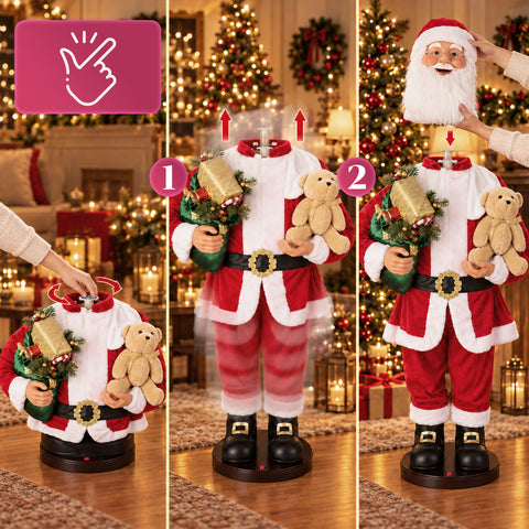 Dansende kerstman van 150 cm met muziek, zang en beweging - Kerstdecoratie voor binnen met knop, voet van 38 cm, rood