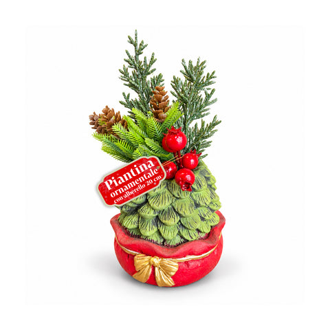 Petite plante décorative avec un petit arbre de 20 cm, décoration de Noël de table avec pommes de pin, baies rouges et nœud en relief, 2 variantes rouge et dorée