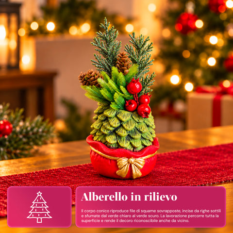 Petite plante décorative avec un petit arbre de 20 cm, décoration de Noël de table avec pommes de pin, baies rouges et nœud en relief, 2 variantes rouge et dorée