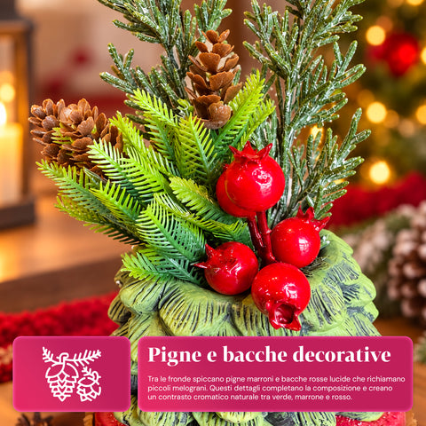 Petite plante décorative avec un petit arbre de 20 cm, décoration de Noël de table avec pommes de pin, baies rouges et nœud en relief, 2 variantes rouge et dorée
