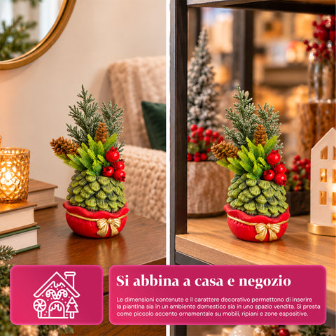 Petite plante décorative avec un petit arbre de 20 cm, décoration de Noël de table avec pommes de pin, baies rouges et nœud en relief, 2 variantes rouge et dorée