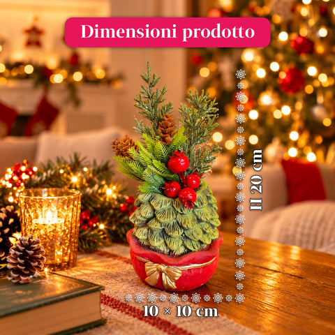 Petite plante décorative avec un petit arbre de 20 cm, décoration de Noël de table avec pommes de pin, baies rouges et nœud en relief, 2 variantes rouge et dorée