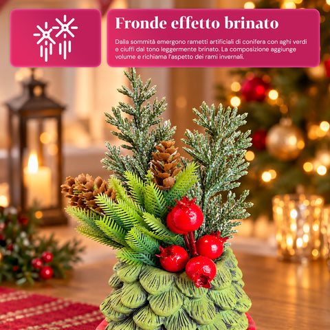 Petite plante décorative avec un petit arbre de 20 cm, décoration de Noël de table avec pommes de pin, baies rouges et nœud en relief, 2 variantes rouge et dorée
