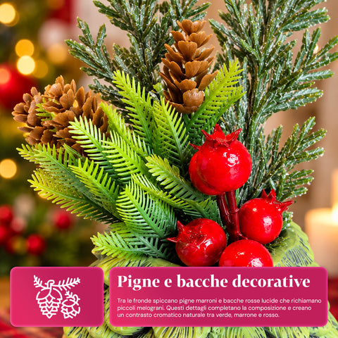 Petite plante décorative avec un petit arbre de 20 cm, décoration de Noël de table avec pommes de pin, baies rouges et nœud en relief, 2 variantes rouge et dorée