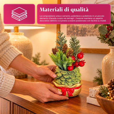 Petite plante décorative avec un petit arbre de 20 cm, décoration de Noël de table avec pommes de pin, baies rouges et nœud en relief, 2 variantes rouge et dorée
