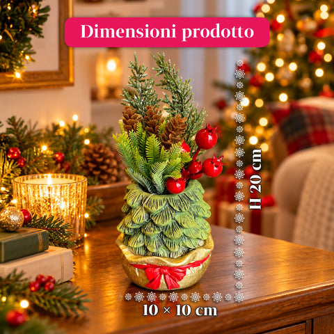 Petite plante décorative avec un petit arbre de 20 cm, décoration de Noël de table avec pommes de pin, baies rouges et nœud en relief, 2 variantes rouge et dorée