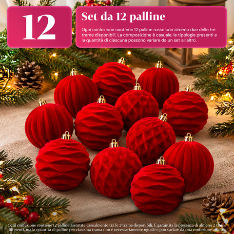 Set di 12 palline di Natale in velluto da 8 cm, tre diverse texture per confezione, 3 colori disponibili, sfere opache per l'albero e le decorazioni