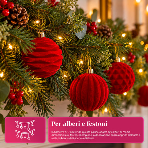 Set di 12 palline di Natale in velluto da 8 cm, tre diverse texture per confezione, 3 colori disponibili, sfere opache per l'albero e le decorazioni