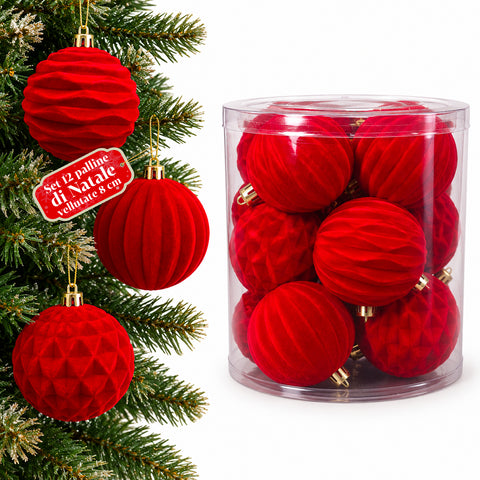 Set di 12 palline di Natale in velluto da 8 cm, tre diverse texture per confezione, 3 colori disponibili, sfere opache per l'albero e le decorazioni