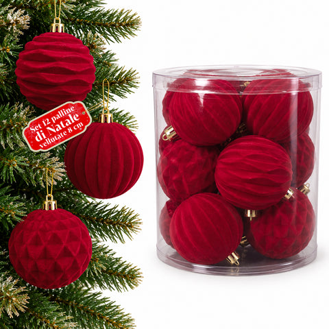 Set di 12 palline di Natale in velluto da 8 cm, tre diverse texture per confezione, 3 colori disponibili, sfere opache per l'albero e le decorazioni