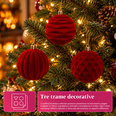 Set di 12 palline di Natale in velluto da 8 cm, tre diverse texture per confezione, 3 colori disponibili, sfere opache per l'albero e le decorazioni