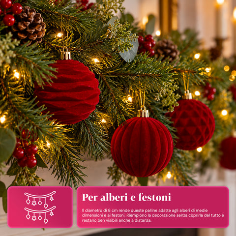 Set di 12 palline di Natale in velluto da 8 cm, tre diverse texture per confezione, 3 colori disponibili, sfere opache per l'albero e le decorazioni