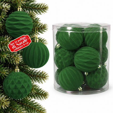 Set di 12 palline di Natale in velluto da 8 cm, tre diverse texture per confezione, 3 colori disponibili, sfere opache per l'albero e le decorazioni