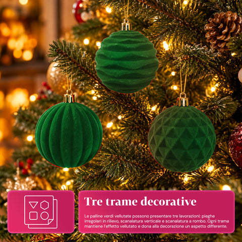Set di 12 palline di Natale in velluto da 8 cm, tre diverse texture per confezione, 3 colori disponibili, sfere opache per l'albero e le decorazioni