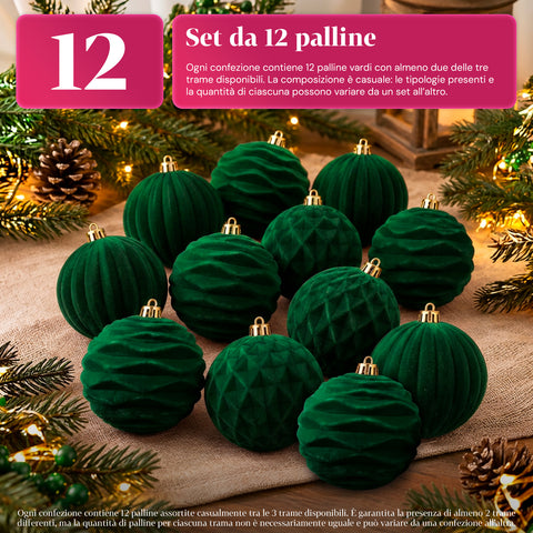 Set di 12 palline di Natale in velluto da 8 cm, tre diverse texture per confezione, 3 colori disponibili, sfere opache per l'albero e le decorazioni