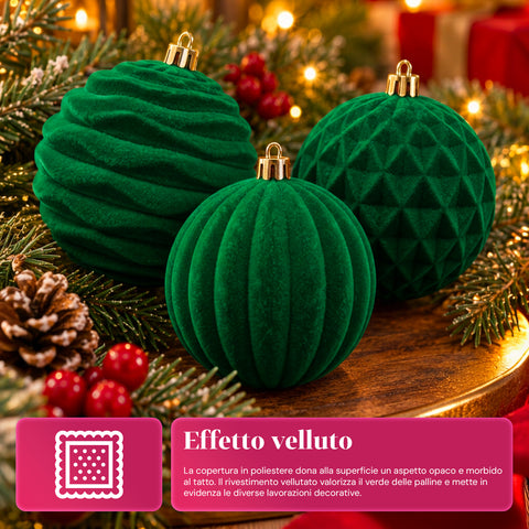 Set di 12 palline di Natale in velluto da 8 cm, tre diverse texture per confezione, 3 colori disponibili, sfere opache per l'albero e le decorazioni