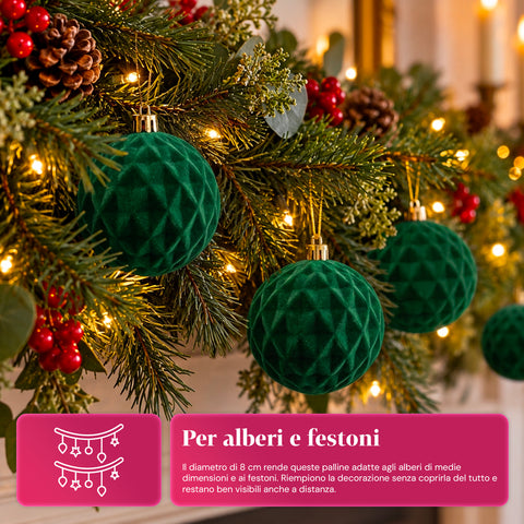 Set di 12 palline di Natale in velluto da 8 cm, tre diverse texture per confezione, 3 colori disponibili, sfere opache per l'albero e le decorazioni
