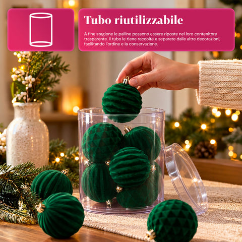 Set di 12 palline di Natale in velluto da 8 cm, tre diverse texture per confezione, 3 colori disponibili, sfere opache per l'albero e le decorazioni