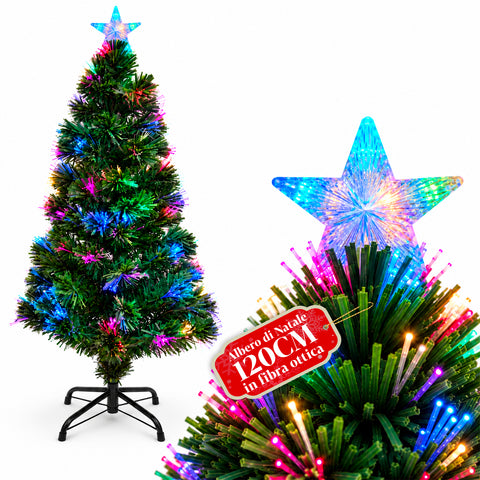 Sapin de Noël en fibre optique avec jeux de lumière et étoile de faîte, 2 hauteurs de 120 et 180 cm, branches en PVC, alimentation par transformateur