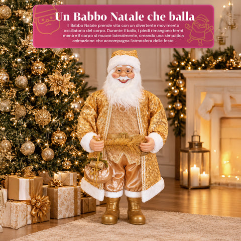 Père Noël dansant de 130 cm avec musique, statue de Noël dorée qui danse, rit et chante, plusieurs modes et morceaux, base à remplir, adaptateur secteur inclus
