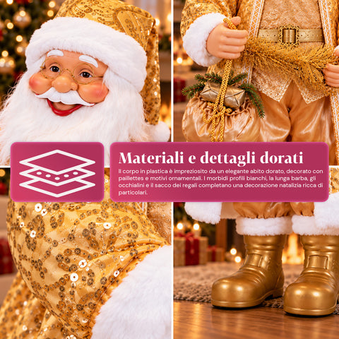 Père Noël dansant de 130 cm avec musique, statue de Noël dorée qui danse, rit et chante, plusieurs modes et morceaux, base à remplir, adaptateur secteur inclus