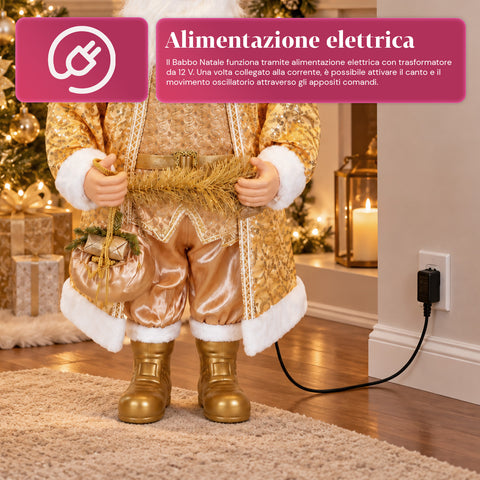 Père Noël dansant de 130 cm avec musique, statue de Noël dorée qui danse, rit et chante, plusieurs modes et morceaux, base à remplir, adaptateur secteur inclus