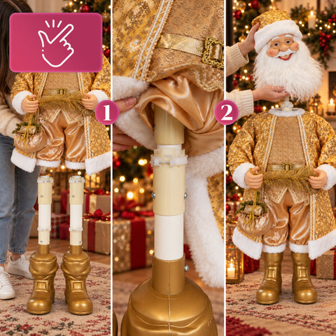 Père Noël dansant de 130 cm avec musique, statue de Noël dorée qui danse, rit et chante, plusieurs modes et morceaux, base à remplir, adaptateur secteur inclus