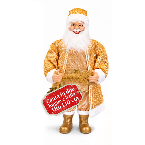 Père Noël dansant de 130 cm avec musique, statue de Noël dorée qui danse, rit et chante, plusieurs modes et morceaux, base à remplir, adaptateur secteur inclus