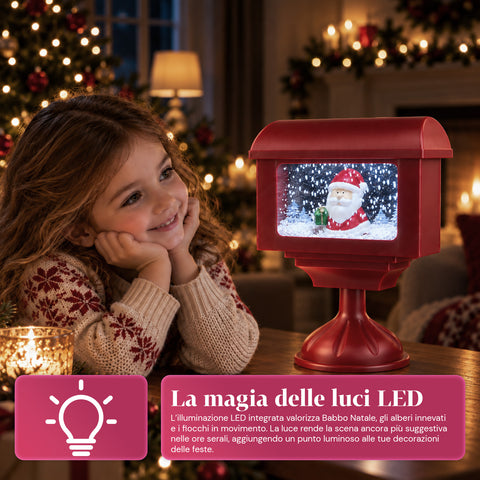 Réverbère décoratif de Noël en forme de boîte aux lettres avec effet neige, lumières LED et musique, 2 variantes : Père Noël ou ourson, hauteur 41 cm, à piles