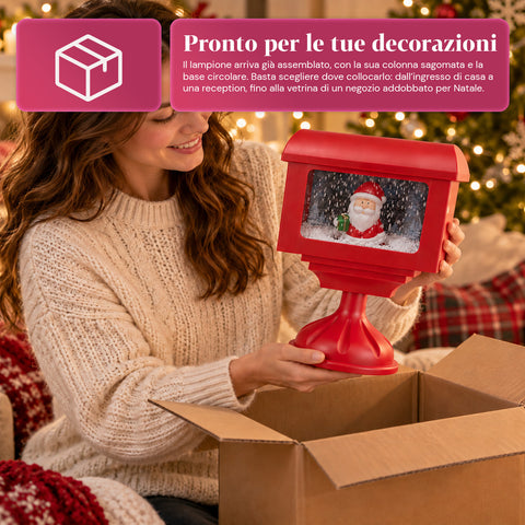 Réverbère décoratif de Noël en forme de boîte aux lettres avec effet neige, lumières LED et musique, 2 variantes : Père Noël ou ourson, hauteur 41 cm, à piles