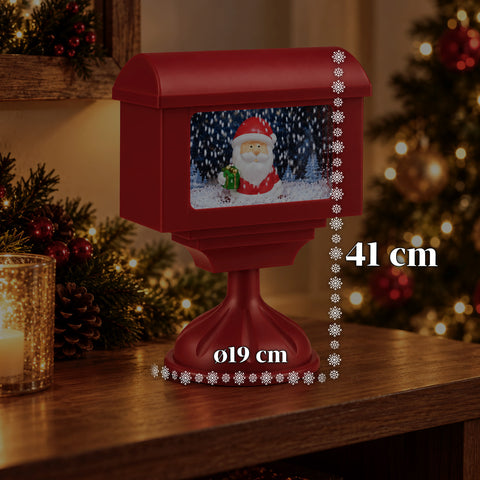 Réverbère décoratif de Noël en forme de boîte aux lettres avec effet neige, lumières LED et musique, 2 variantes : Père Noël ou ourson, hauteur 41 cm, à piles