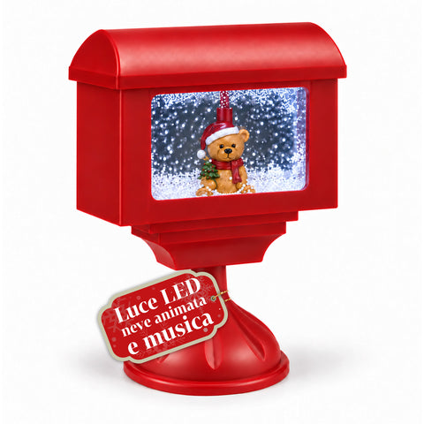 Réverbère décoratif de Noël en forme de boîte aux lettres avec effet neige, lumières LED et musique, 2 variantes : Père Noël ou ourson, hauteur 41 cm, à piles