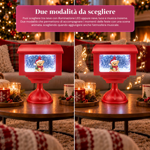Réverbère décoratif de Noël en forme de boîte aux lettres avec effet neige, lumières LED et musique, 2 variantes : Père Noël ou ourson, hauteur 41 cm, à piles
