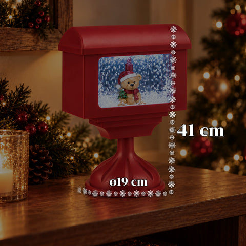 Réverbère décoratif de Noël en forme de boîte aux lettres avec effet neige, lumières LED et musique, 2 variantes : Père Noël ou ourson, hauteur 41 cm, à piles