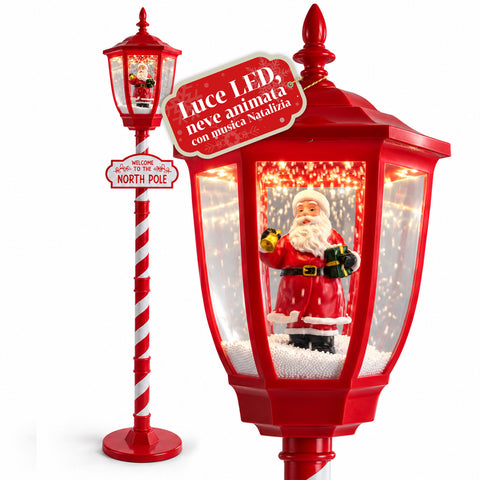 Réverbère de Noël rouge de 180 cm avec neige, lumière LED et musique, 2 variantes : Père Noël ou ourson, effet boule à neige en verre, décoration de Noël à poser au sol