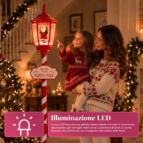 Réverbère de Noël rouge de 180 cm avec neige, lumière LED et musique, 2 variantes : Père Noël ou ourson, effet boule à neige en verre, décoration de Noël à poser au sol