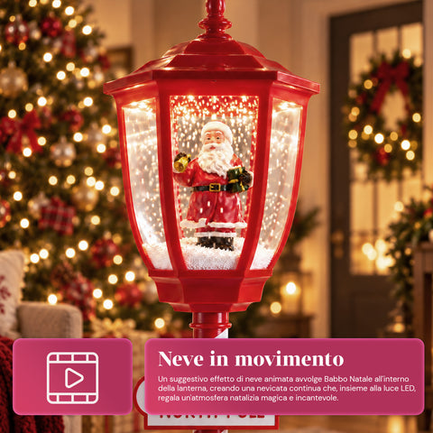 Réverbère de Noël rouge de 180 cm avec neige, lumière LED et musique, 2 variantes : Père Noël ou ourson, effet boule à neige en verre, décoration de Noël à poser au sol