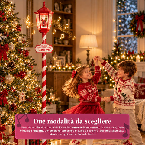 Réverbère de Noël rouge de 180 cm avec neige, lumière LED et musique, 2 variantes : Père Noël ou ourson, effet boule à neige en verre, décoration de Noël à poser au sol