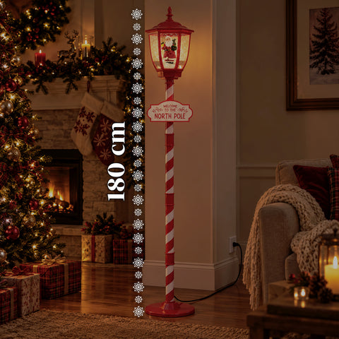 Réverbère de Noël rouge de 180 cm avec neige, lumière LED et musique, 2 variantes : Père Noël ou ourson, effet boule à neige en verre, décoration de Noël à poser au sol
