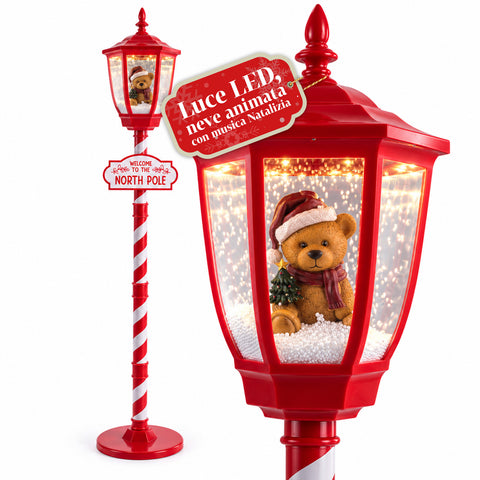 Réverbère de Noël rouge de 180 cm avec neige, lumière LED et musique, 2 variantes : Père Noël ou ourson, effet boule à neige en verre, décoration de Noël à poser au sol