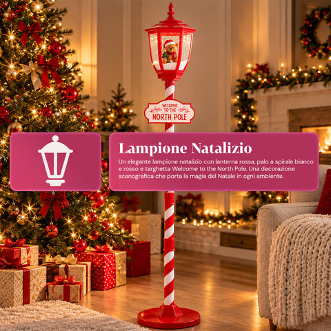 Réverbère de Noël rouge de 180 cm avec neige, lumière LED et musique, 2 variantes : Père Noël ou ourson, effet boule à neige en verre, décoration de Noël à poser au sol