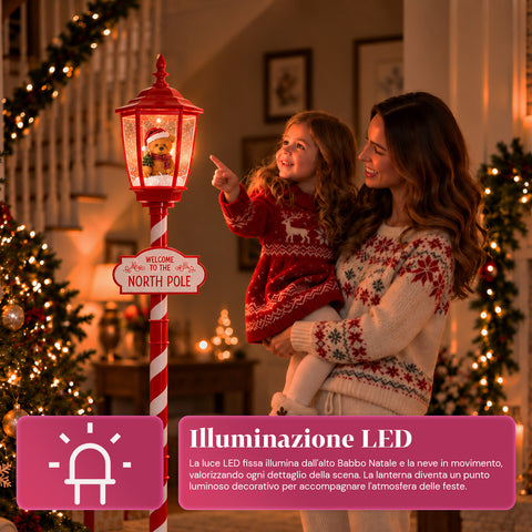 Réverbère de Noël rouge de 180 cm avec neige, lumière LED et musique, 2 variantes : Père Noël ou ourson, effet boule à neige en verre, décoration de Noël à poser au sol
