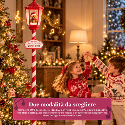 Réverbère de Noël rouge de 180 cm avec neige, lumière LED et musique, 2 variantes : Père Noël ou ourson, effet boule à neige en verre, décoration de Noël à poser au sol