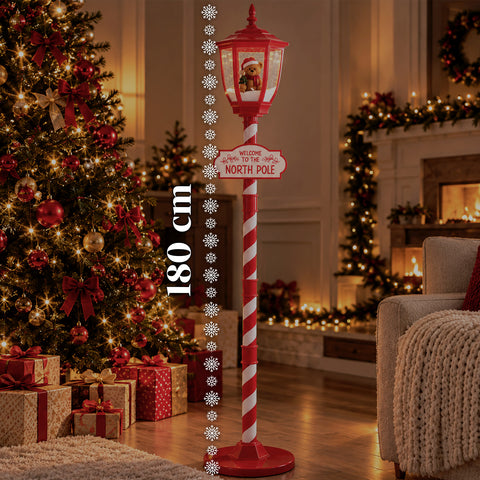 Réverbère de Noël rouge de 180 cm avec neige, lumière LED et musique, 2 variantes : Père Noël ou ourson, effet boule à neige en verre, décoration de Noël à poser au sol