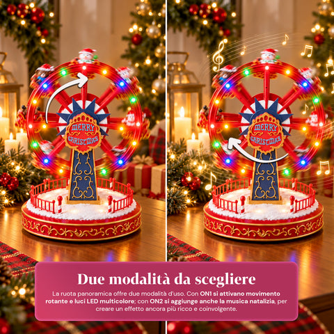 Grande roue de Noël avec lumières LED, musique et mouvement rotatif, 2 couleurs, décoration de Noël animée, hauteur 26 cm, base 22 cm, plastique