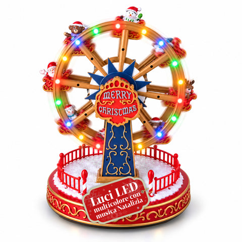 Grande roue de Noël avec lumières LED, musique et mouvement rotatif, 2 couleurs, décoration de Noël animée, hauteur 26 cm, base 22 cm, plastique