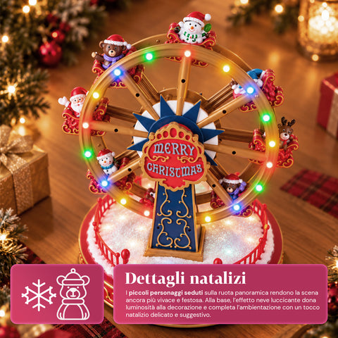 Grande roue de Noël avec lumières LED, musique et mouvement rotatif, 2 couleurs, décoration de Noël animée, hauteur 26 cm, base 22 cm, plastique