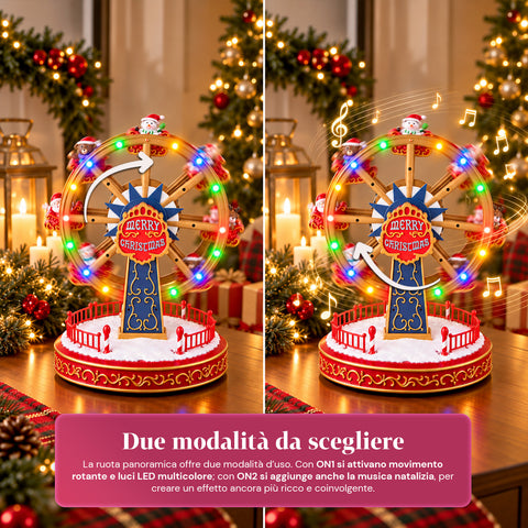 Grande roue de Noël avec lumières LED, musique et mouvement rotatif, 2 couleurs, décoration de Noël animée, hauteur 26 cm, base 22 cm, plastique